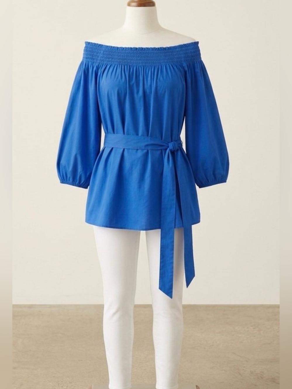 Liz Claiborne Off-Shoulder Smocked Waist Tie Blouse - Blue
